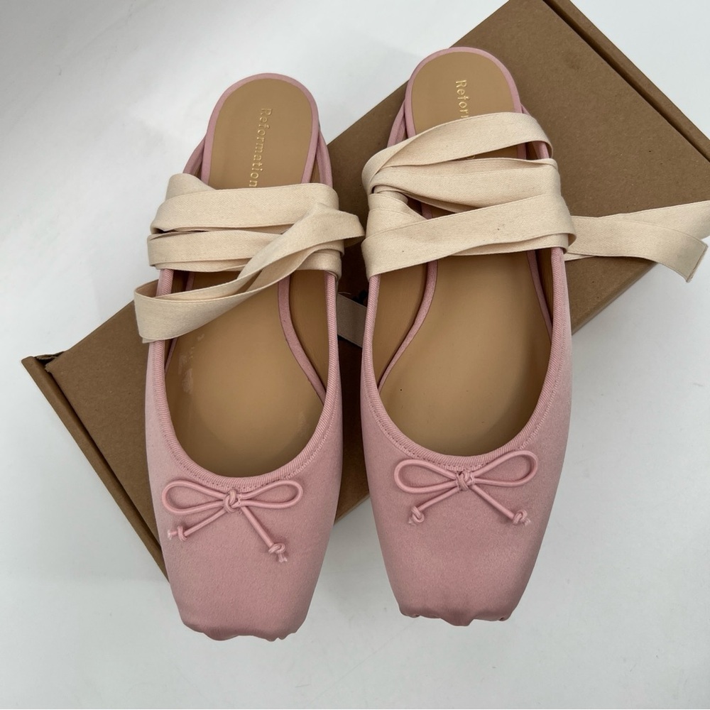 Reformation Pink Ballet Slip-On Ribbon Megan Powder Pink Lace Up Ballet Flats 7 - Picture 4 of 7